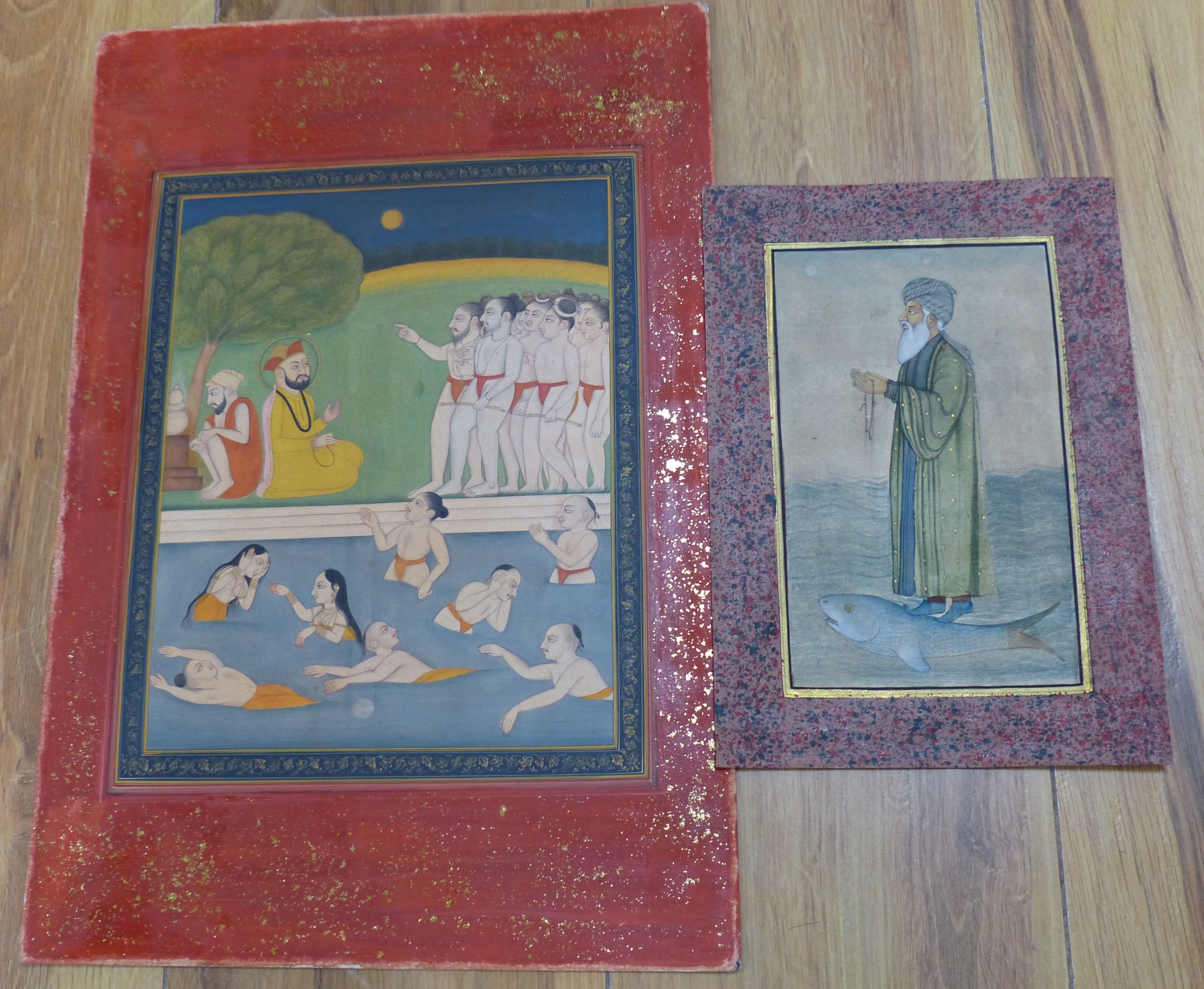 Indian School, two unframed gouache, Figures bathing and study of a sage standing upon a fish, 22 x 18cm and 17 x 10cm, unframed